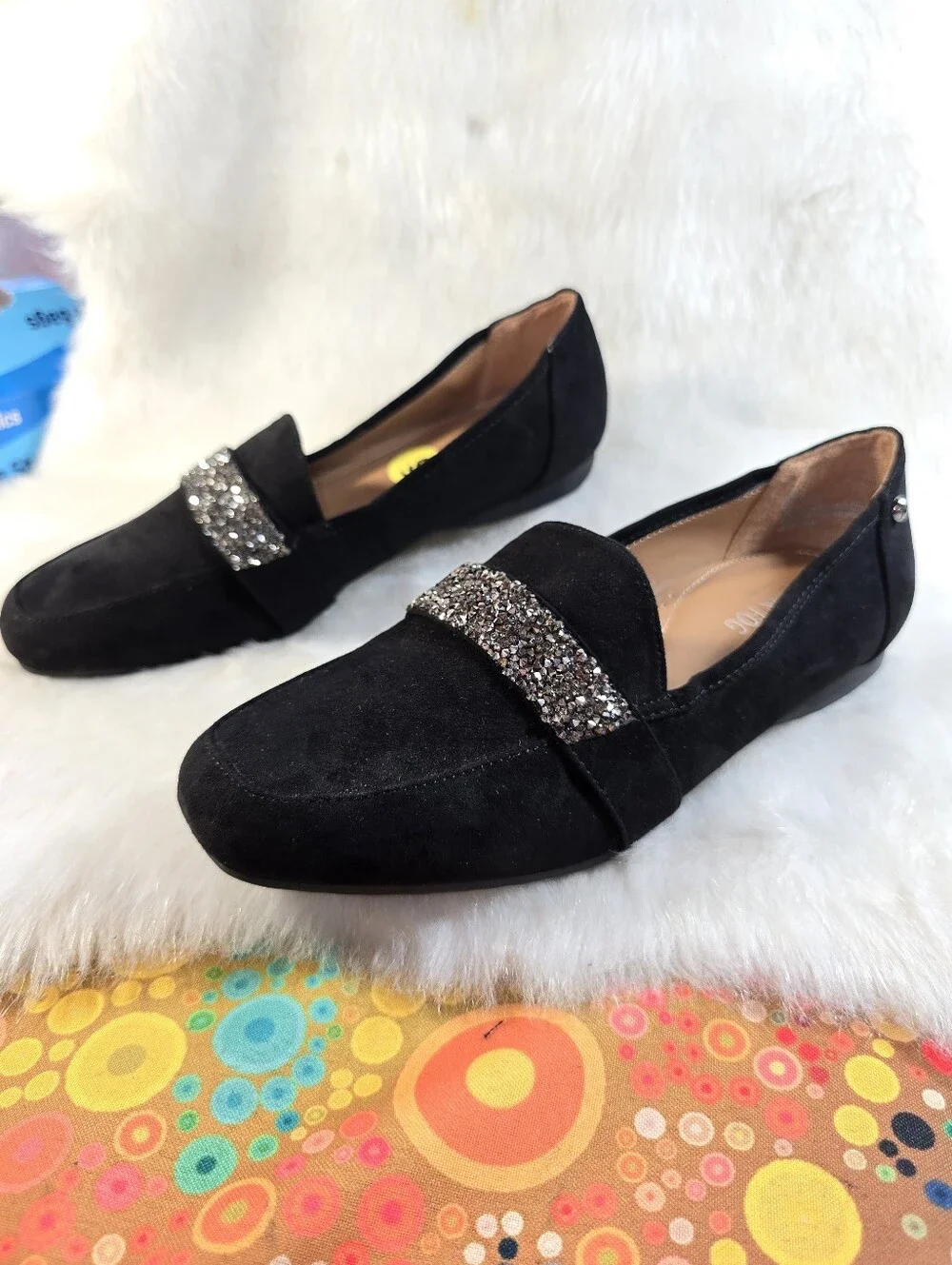 Women's London Fog Alexus Black Suede Loafers with Crystal Strap